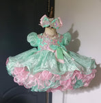 (#1500) Sleeve lace baby doll glitz pageant dress (seafoam green pink) / 4~6 weeks production/no necklace