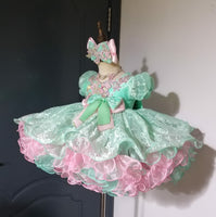 (#1500) Sleeve lace baby doll glitz pageant dress (seafoam green pink) / 4~6 weeks production/no necklace