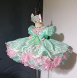(#1500) Sleeve lace baby doll glitz pageant dress (seafoam green pink) / 4~6 weeks production/no necklace