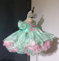 (#1500) Sleeve lace baby doll glitz pageant dress (seafoam green pink) / 4~6 weeks production/no necklace