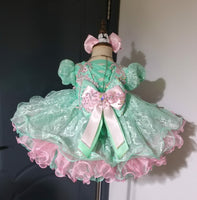(#1500) Sleeve lace baby doll glitz pageant dress (seafoam green pink) / 4~6 weeks production/no necklace