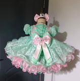 (#1500) Sleeve lace baby doll glitz pageant dress (seafoam green pink) / 4~6 weeks production/no necklace