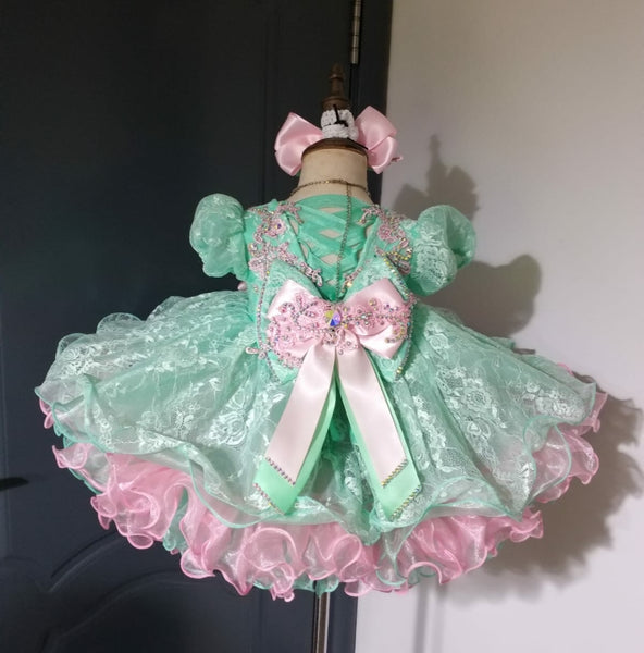 1500) Sleeve lace baby doll glitz pageant dress (seafoam green pink) janicejackie 1500) Sleeve lace baby doll glitz pageant dress (seafoam green pink) janicejackie