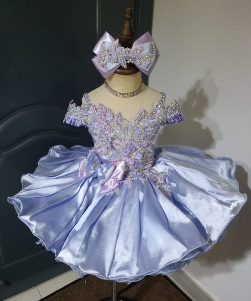 (#1501) Off shoulder straps baby doll glitz pageant dress (lavender) / 4~6 weeks production/no necklace