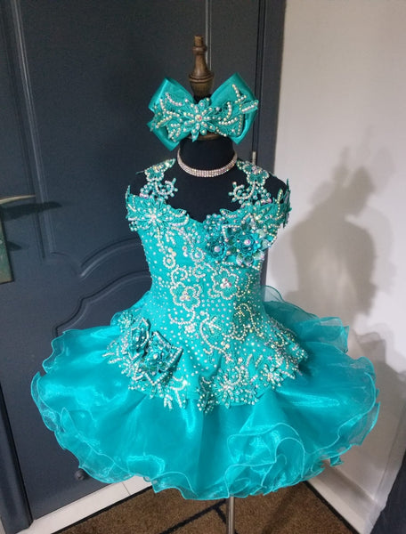 (#1502) Off shoulder flared style glitz national pageant dress. (teal green) / 4 ~ 6 weeks production (*Without necklace)