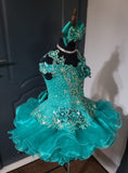 (#1502) Off shoulder flared style glitz national pageant dress. (teal green) / 4 ~ 6 weeks production (*Without necklace)