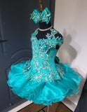 (#1502) Off shoulder flared style glitz national pageant dress. (teal green) / 4 ~ 6 weeks production (*Without necklace)