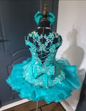 (#1502) Off shoulder flared style glitz national pageant dress. (teal green) / 4 ~ 6 weeks production (*Without necklace)