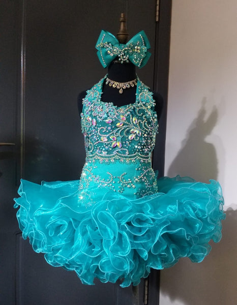 (#1503) Halter flat style glitz national pageant dress. (teal green) / 4 ~ 6 weeks production (*Without necklace)