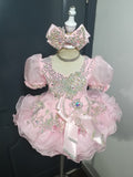(DRESS EXAMPLE)(#1505) Cap sleeves flared style mega glitz national cupcake pageant dress (light pink) 4~6 weeks production (*Without necklace)