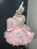 (DRESS EXAMPLE)(#1505) Cap sleeves flared style mega glitz national cupcake pageant dress (light pink) 4~6 weeks production (*Without necklace)