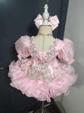 (DRESS EXAMPLE)(#1505) Cap sleeves flared style mega glitz national cupcake pageant dress (light pink) 4~6 weeks production (*Without necklace)