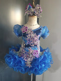 (DRESS EXAMPLE)(#1505b) Cap sleeves flat style mega glitz national cupcake pageant dress (blue+purple) 4~6 weeks production (*Without necklace)