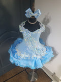 (#1606) Straps flared off shoulder style glitz national pageant dress. (blue) / 4 ~ 6 weeks production (*Without necklace)