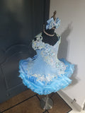 (#1606) Straps flared off shoulder style glitz national pageant dress. (blue) / 4 ~ 6 weeks production (*Without necklace)