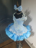 (#1606) Straps flared off shoulder style glitz national pageant dress. (blue) / 4 ~ 6 weeks production (*Without necklace)