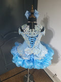 (#1606) Straps flared off shoulder style glitz national pageant dress. (blue) / 4 ~ 6 weeks production (*Without necklace)