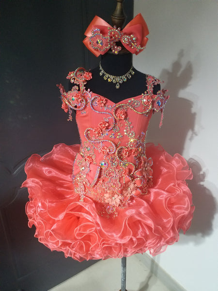 (DRESS EXAMPLE) (#1376) off shoulder flat style & straps cupcake pageant dress) (coral) / 3 ~4 weeks production (*Without necklace) (DRESS EXAMPLE) (#1376) off shoulder flat style & straps cupcake pageant dress) (coral) / 3 ~4 weeks production (*Without necklace)
