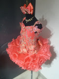 (DRESS EXAMPLE) (#1376) off shoulder flat style & straps cupcake pageant dress) (coral) / 3 ~4 weeks production (*Without necklace)