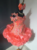 (DRESS EXAMPLE) (#1376) off shoulder flat style & straps cupcake pageant dress) (coral) / 3 ~4 weeks production (*Without necklace)