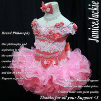 (#323) Off shoulder flat style high glitz national pageant dress. (coral pink) / 3 ~ 4 weeks production (no necklace).