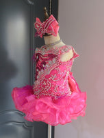 (DRESS EXAMPLE) (#1407A) Straps flat glitz national cupcake pageant dress (neon pink berry) / 4~6 weeks production (*Without necklace)