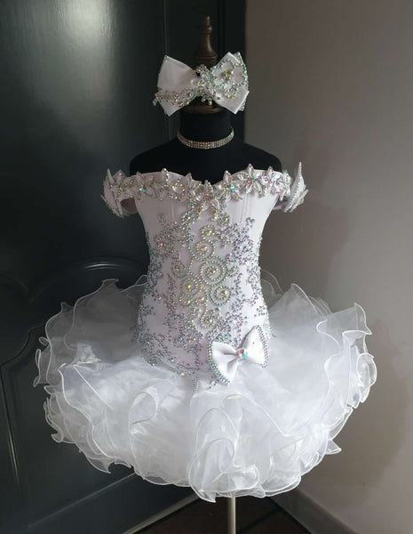 (#1379A) Off shoulder flat style high glitz national pageant dress. (white) / 3 ~ 4 weeks production (no necklace)