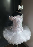 (#1379A) Off shoulder flat style high glitz national pageant dress. (white) / 3 ~ 4 weeks production (no necklace)