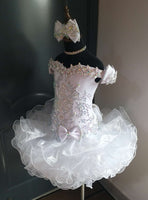 (#1379A) Off shoulder flat style high glitz national pageant dress. (white) / 3 ~ 4 weeks production (no necklace)