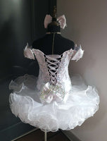(#1379A) Off shoulder flat style high glitz national pageant dress. (white) / 3 ~ 4 weeks production (no necklace)