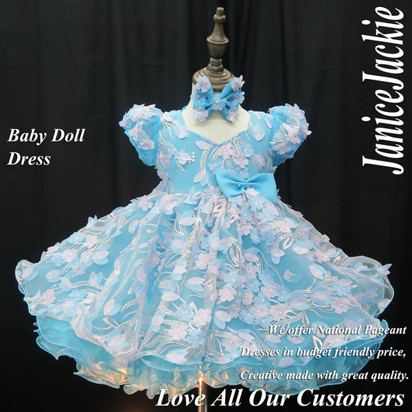 PRE - ORDER (#1002) Sleeves baby doll floral plain shell dress.(blue) 2 weeks production.