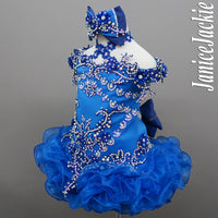 (#1006a) Off shoulder flat (High Glitz) pageant dress. (blue) / 2 ~ 3 weeks production