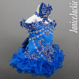 (#1006a) Off shoulder flat (High Glitz) pageant dress. (blue) / 3 ~ 4 weeks production