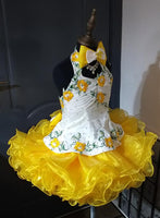 (#1007) Halter flared glitz national pageant dress. (white yellow) (*Without necklace)