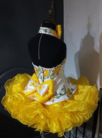 (#1007) Halter flared glitz national pageant dress. (white yellow) (*Without necklace)