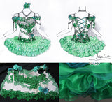 (#1009b) Off shoulder flat natural pageant dress. (white green) / 2 ~ 3 weeks production (*Without necklace) NO STONES