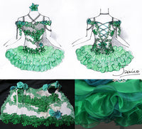 (#1009a) Off shoulder flat (High Glitz) pageant dress. (white green) / 2 ~ 3 weeks production
