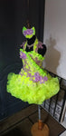 (#1010) Halter flared glitz national pageant dress. (neon green + light purple) (*Without necklace)