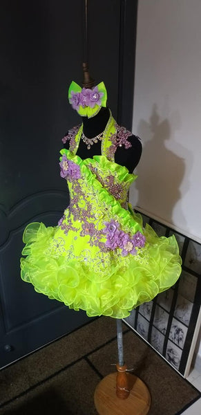 1010) Halter flared glitz national pageant dress. (neon green + ligh janicejackie 1010) Halter flared glitz national pageant dress. (neon green + ligh janicejackie
