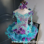 (#1017) Off shoulder flared glitz national pageant dress. (teal green, purple) / 3 ~ 4 weeks production (*Without necklace)