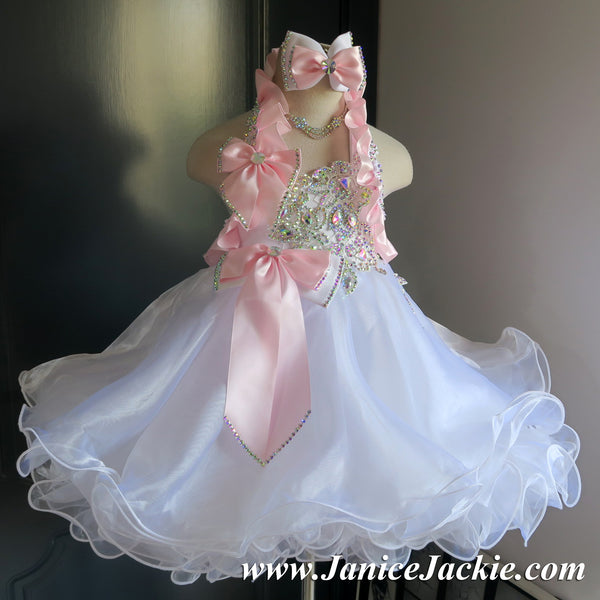 (#1019) Halter glitz baby doll dress. (white pink) / 2~3 weeks production