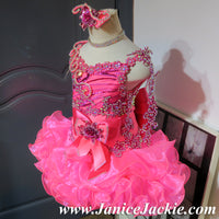 (#1032) Straps flat glitz national pageant dress. (neon pink) / 2 ~ 3 weeks production (*Without necklace)