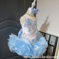 (#1035) Straps flat glitz national pageant dress. (white, light blue) / 2 ~ 3 weeks production (*Without necklace)