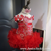 (#1043) Off shoulder flat glitz pageant dress. (red) / 2 weeks production