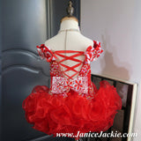 (#1043) Off shoulder flat glitz pageant dress. (red) / 2 weeks production