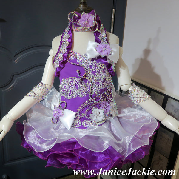 (#1050) Halter flat glitz national pageant dress. (purple white)  / 2 ~ 3 weeks production (*Without necklace)