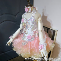 (#1051) Halter flat glitz national pageant dress. (rose pink & champagne)  / 2 ~ 3 weeks production (*Without necklace)
