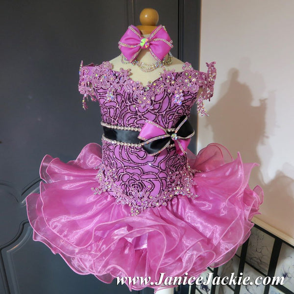 (#1053) Off shoulder flat glitz national pageant dress. (pinkish purple & black combo)  / 2 ~ 3 weeks production (*Without necklace)