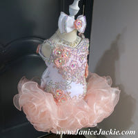 (#1056) Straps flat glitz national pageant dress. (white peach) / 2 ~ 3 weeks production (*Without necklace)
