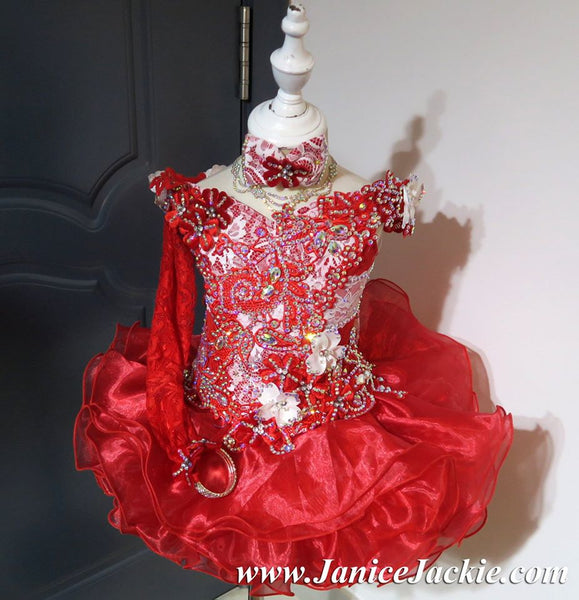 (#1068) Off shoulder flat glitz national pageant dress. (red & white) (incl single sleeve) / 3 ~ 4 weeks production (*Without necklace)